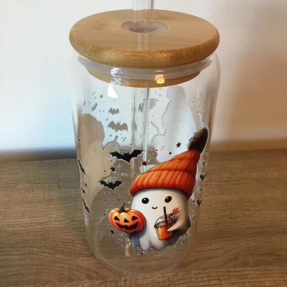 Ghost Themed Glass Tumbler with Bamboo Lid and Glass Straw NEW - Picture 1 of 3